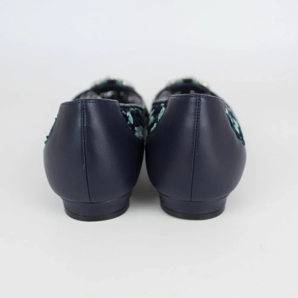 NEW Manolo Blahnik Hangisi Crystal Buckle Lace Flats YWOV EU 39